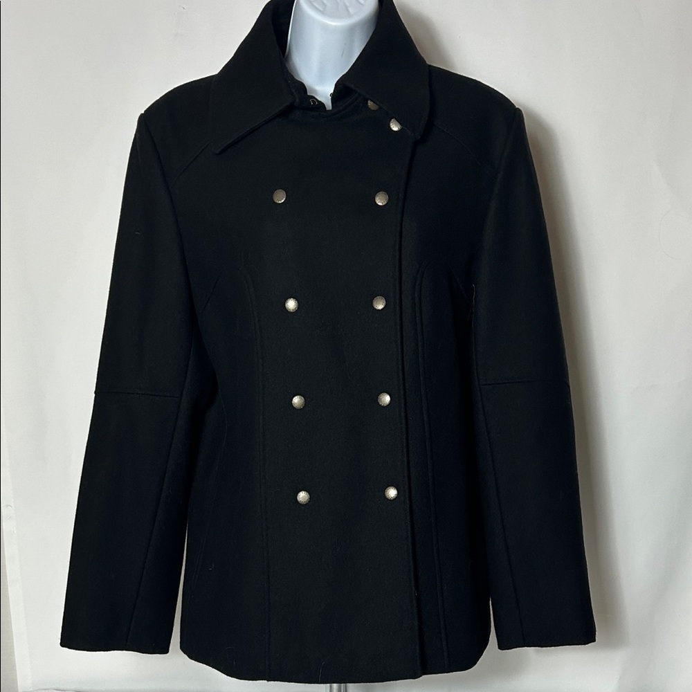 GUESS Womens Size Large Classic Black Double-Breasted Snap Front Lined Pea Coat
